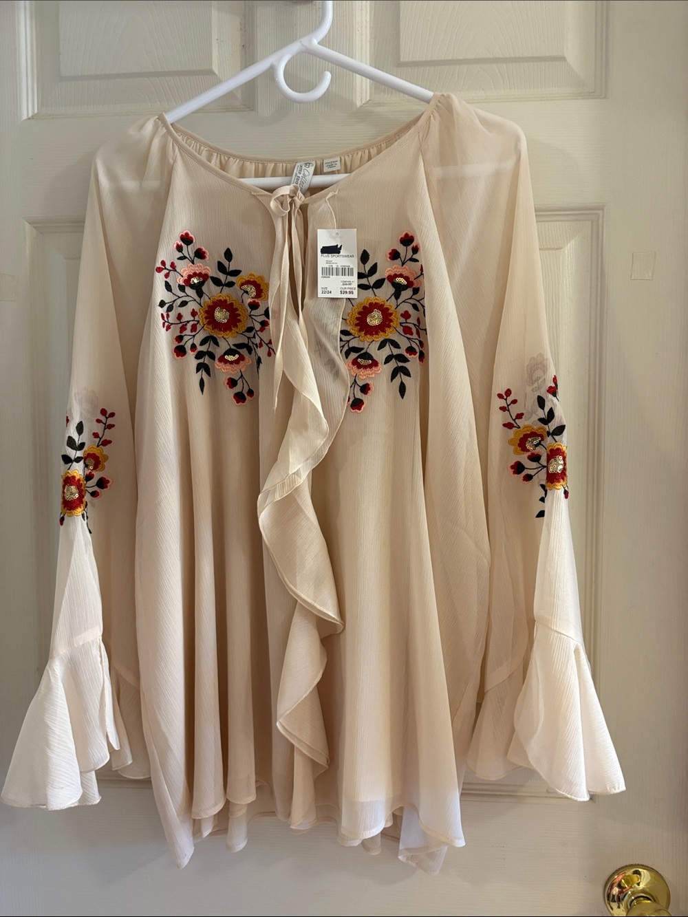 Cato Cream Peasant Tunic with Red and Yellow Floral Embroidery